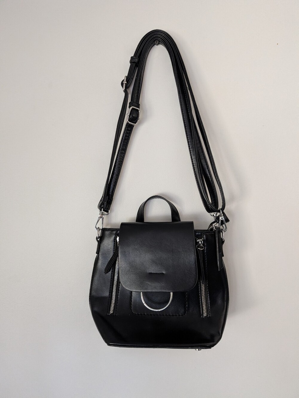 Convertible Black Vegan Leather Backpack/Crossbody Purse